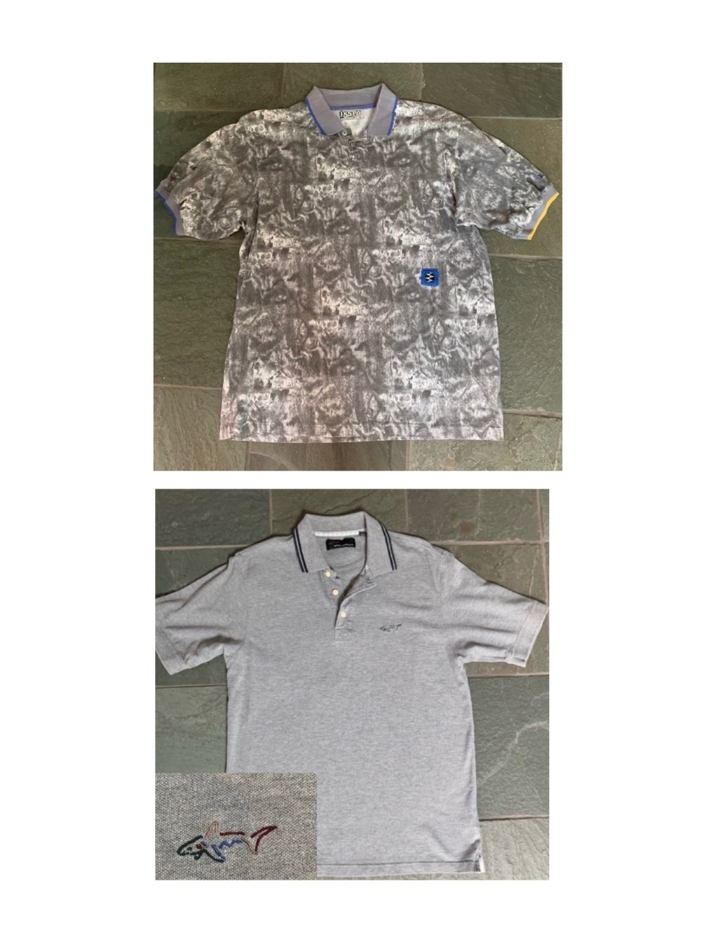 Two short sleeve golf polo shirts tie dye and Greg Norman shark Size M
